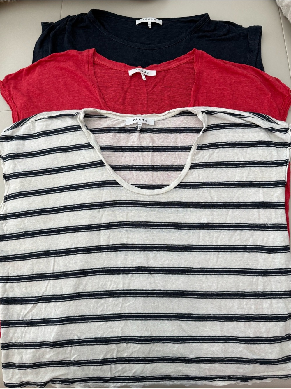 Frame Denim Women's Short Sleeve 100% Linen Tees - Navy, Red, White/Navy Stripe